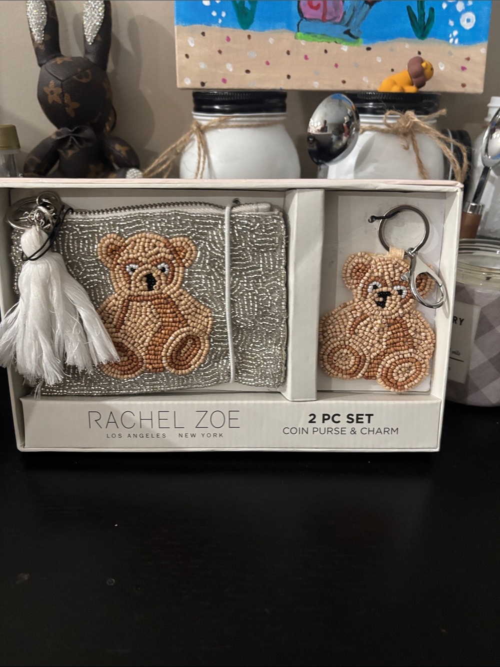 Rachel Zoe Silver Beaded Coin Purse & Teddy Key Charm - Silver and Tan